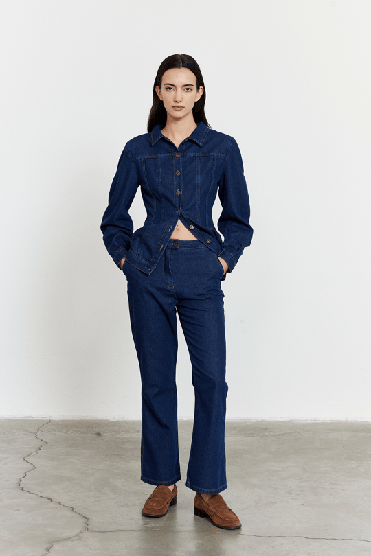 Yüksek Bel Kısa Kesim Çan Paça Jean Mavi