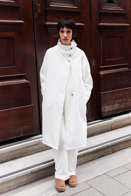 Mirelle Dik Yaka Kaşe Kaban Ekru