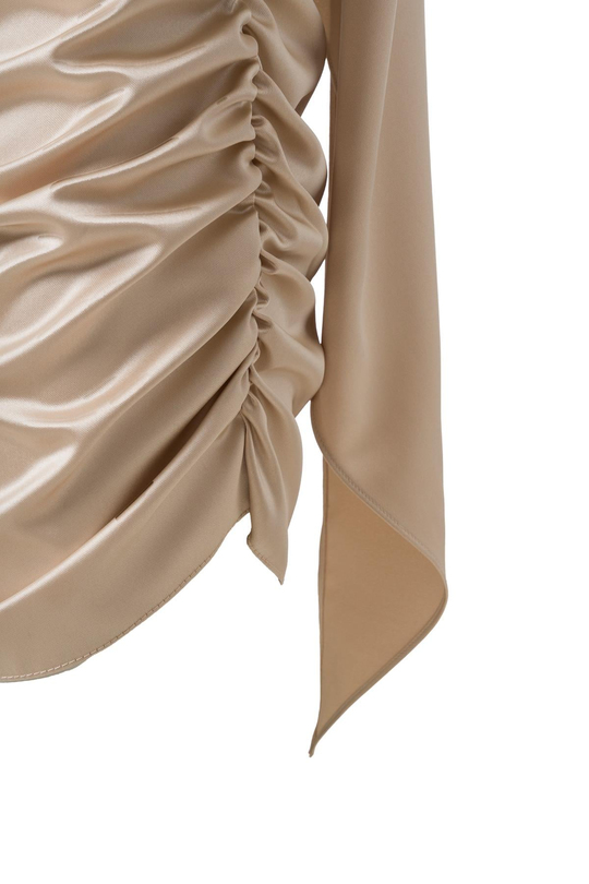 Şal Detay Saten Mini Elbise Bej