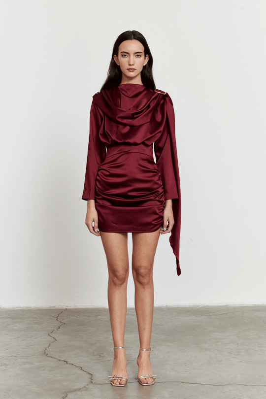 Şal Detay Saten Mini Elbise Bordo