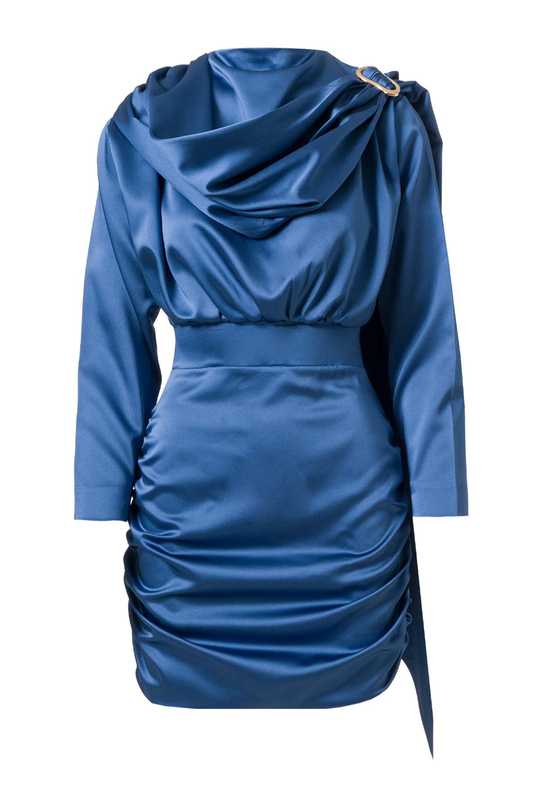 Şal Detay Saten Mini Elbise İndigo