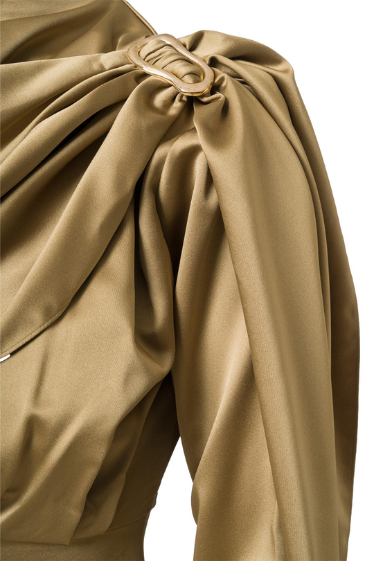 Şal Detay Saten Mini Elbise Yağ Yeşili