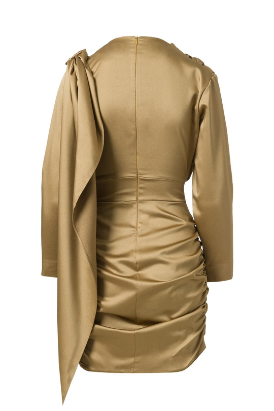 Şal Detay Saten Mini Elbise Yağ Yeşili