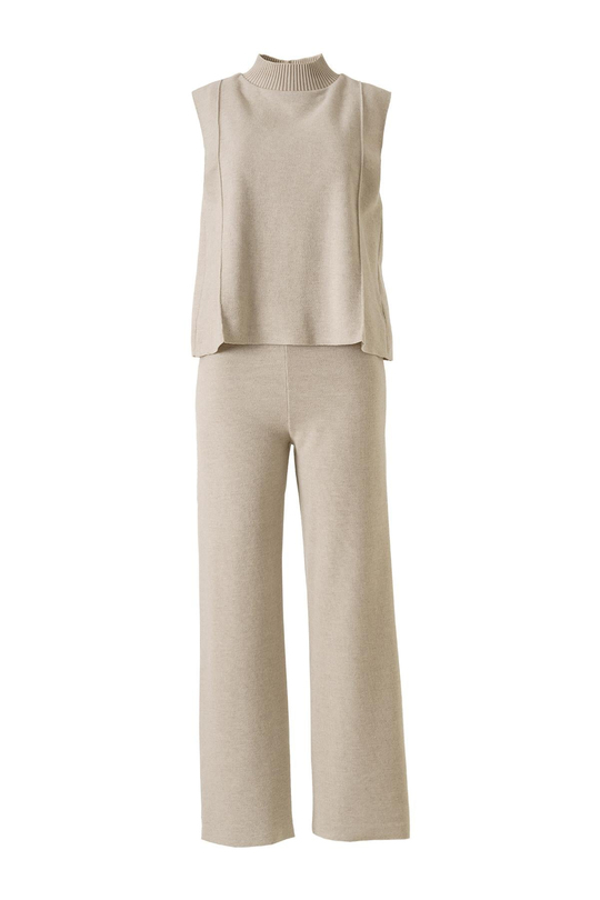 Şardonlu Kolsuz Bluz Pantolon Takım Bej