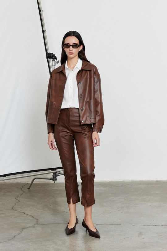 Suni Deri Bomber Ceket Kahverengi