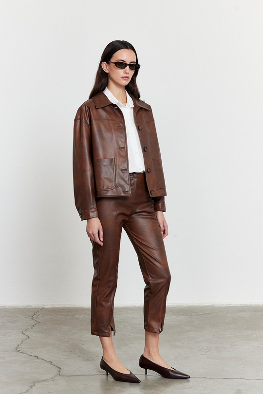 Suni Deri Bomber Ceket Kahverengi