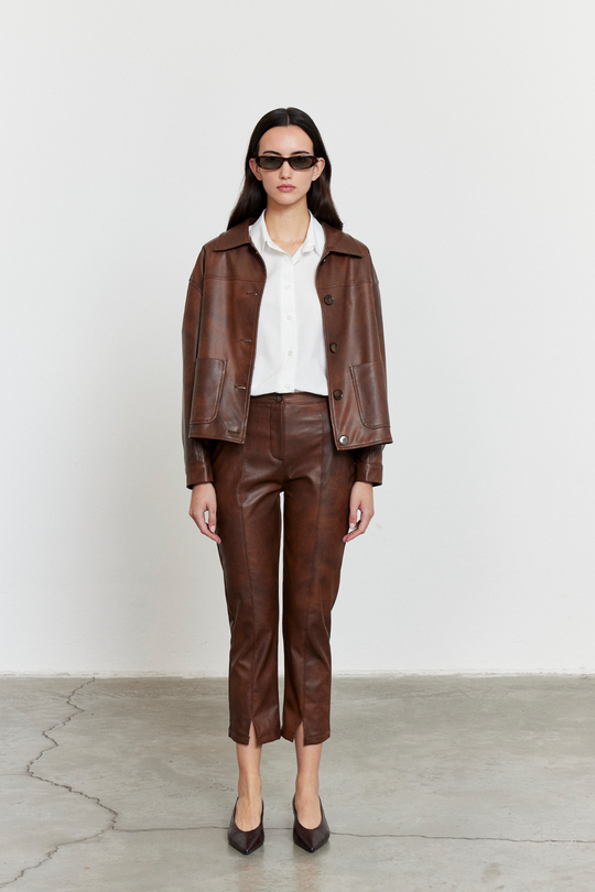 Suni Deri Yırtmaç Detay Pantolon Kahverengi