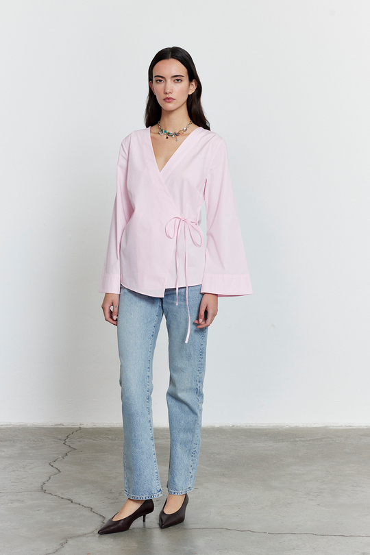 Yandan Bağlamalı Poplin Gömlek Açık Pembe