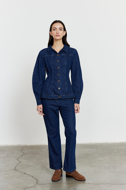 Yüksek Bel Kısa Kesim Çan Paça Jean Mavi