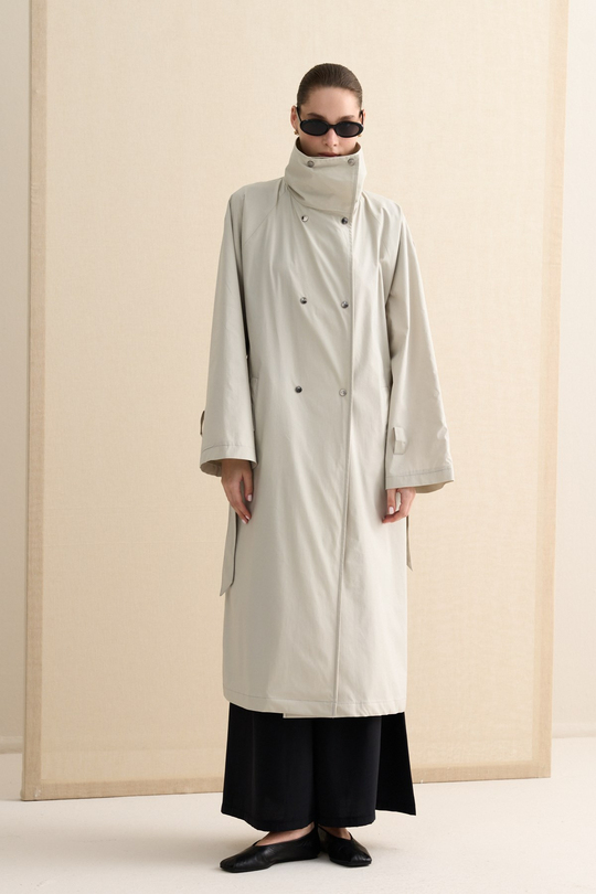 Atelier İnce Dokulu Kemerli Maxi Trençkot Taş