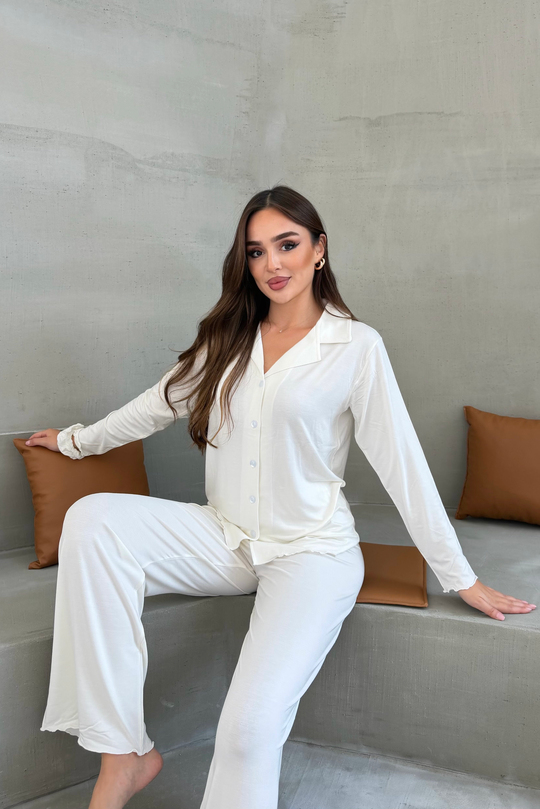 Ekru Modal Önden Duğmeli  Pijama Takımı