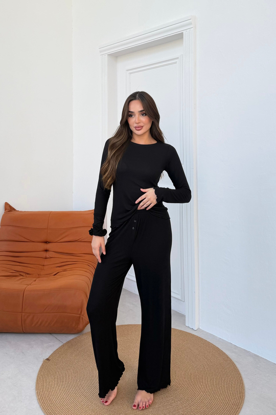 Fitilli Siyah Modal Pijama Takımı