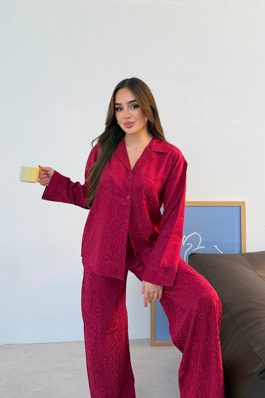 Leopar Vişne Jakarlı Pamuk Pijama Takımı