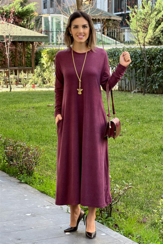 Bordo Renk Uzun Kollu Kışlık Yün Elbise