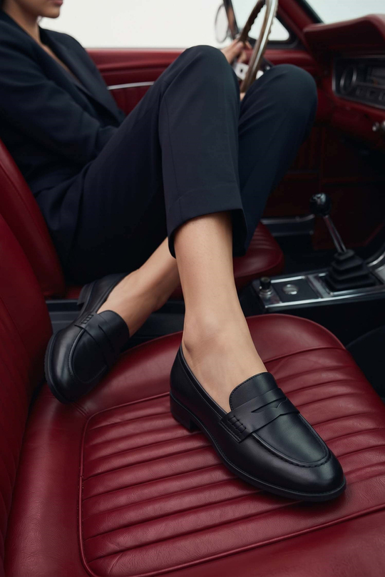 Spring Siyah Deri Kadın Loafer