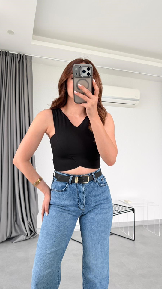 Siyah Lilith Sırtı Fermuarlı Crop