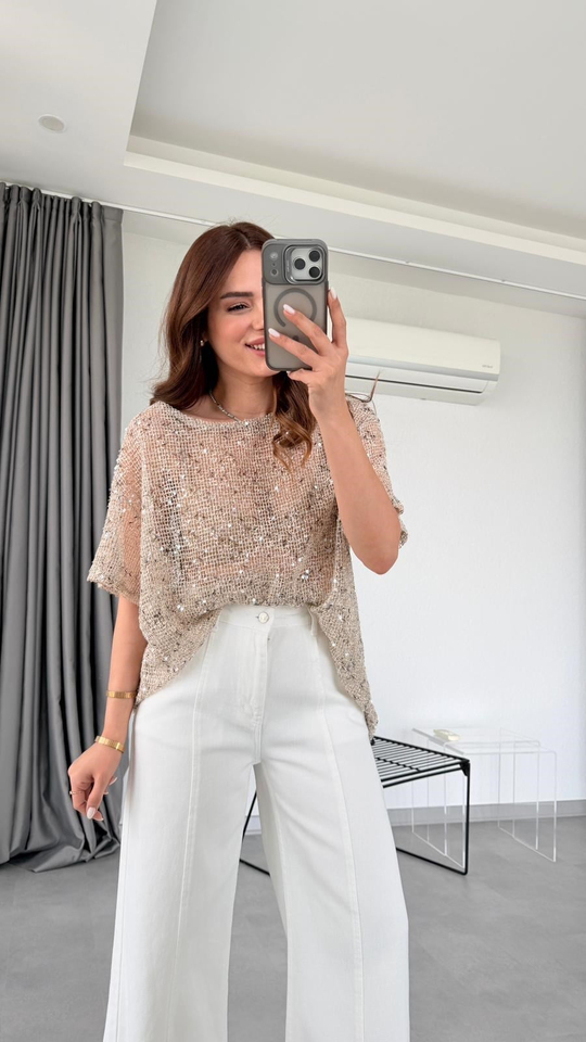 Bej Viktorya Pull Tasarım File Bluz