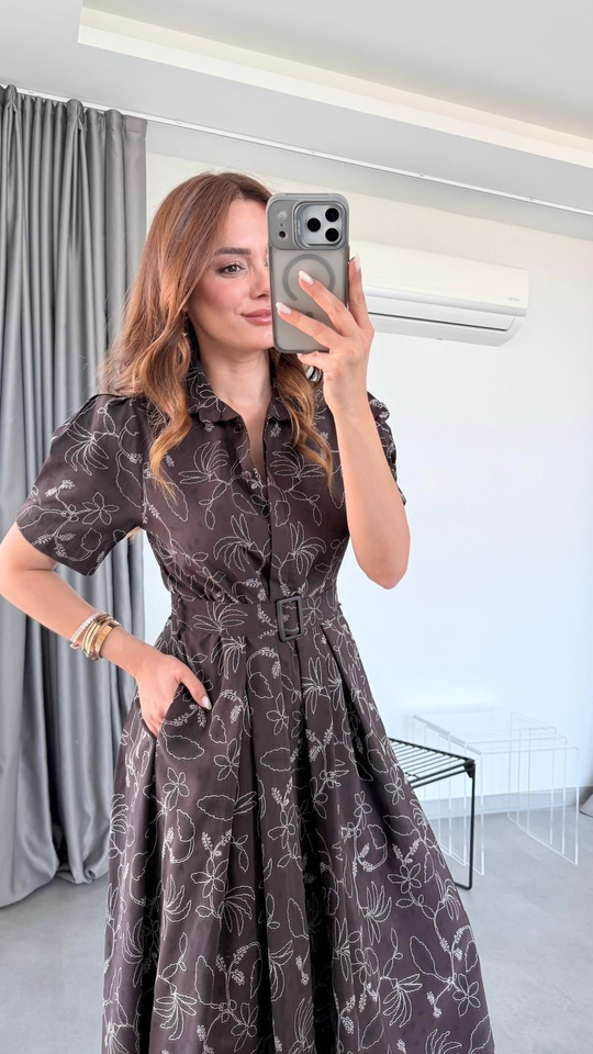 Kahverengi Felix Çiçek Desenli Gömlek Yaka Elbise