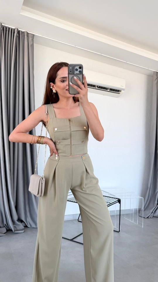 Olive Ganji Tasarım Önden Fermuarlı Crop Pantolon Takım