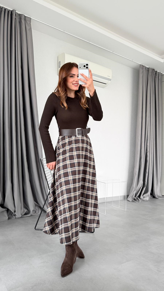 Örme Ekoseli Elbise