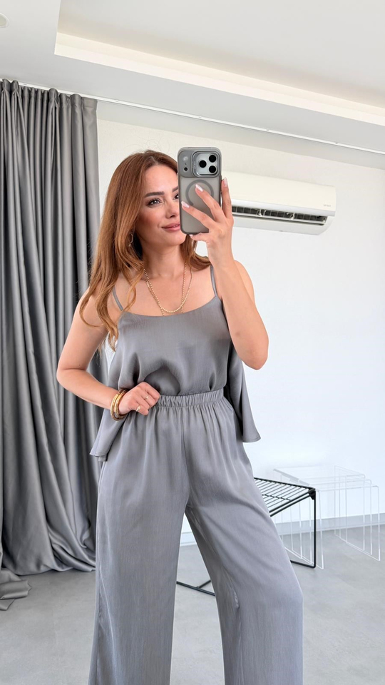Gri Evelis Askılı Bluz Pantolon Takım