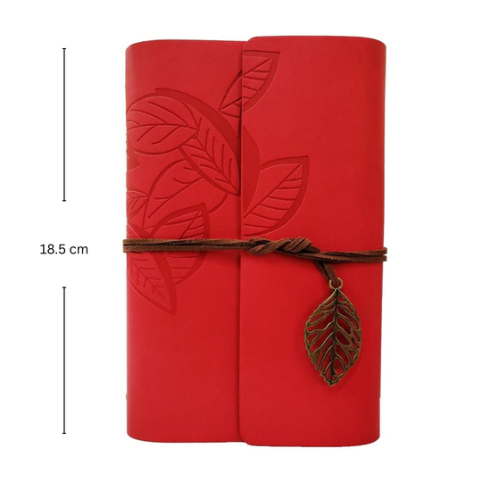 Yaprak Desenli Çizgisiz Deri Defter | Kırmızı