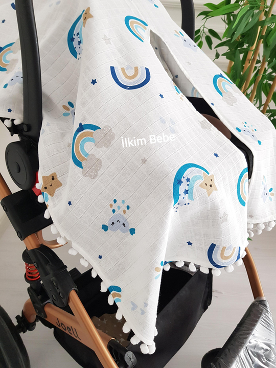 Gökkuşağı Ponponlu Bebek Puset Örtüsü