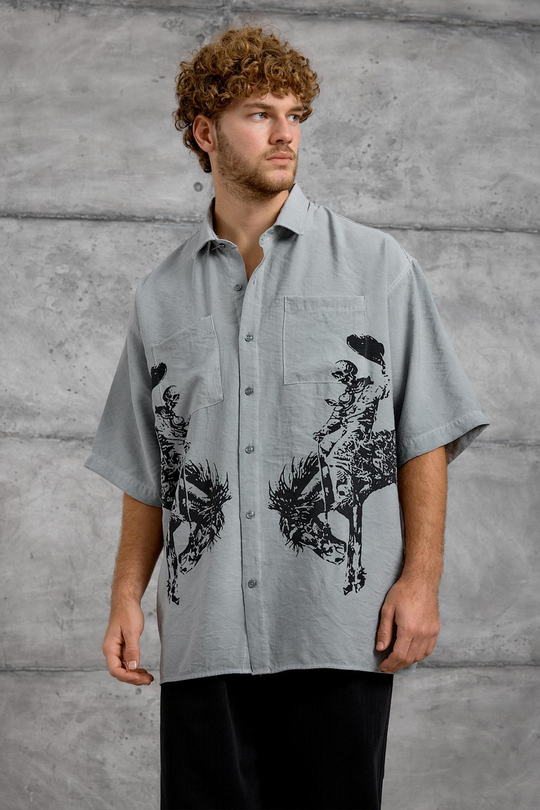 Gri AT FİGÜR BASKI YIKAMALI OVERSIZE TSHIRT