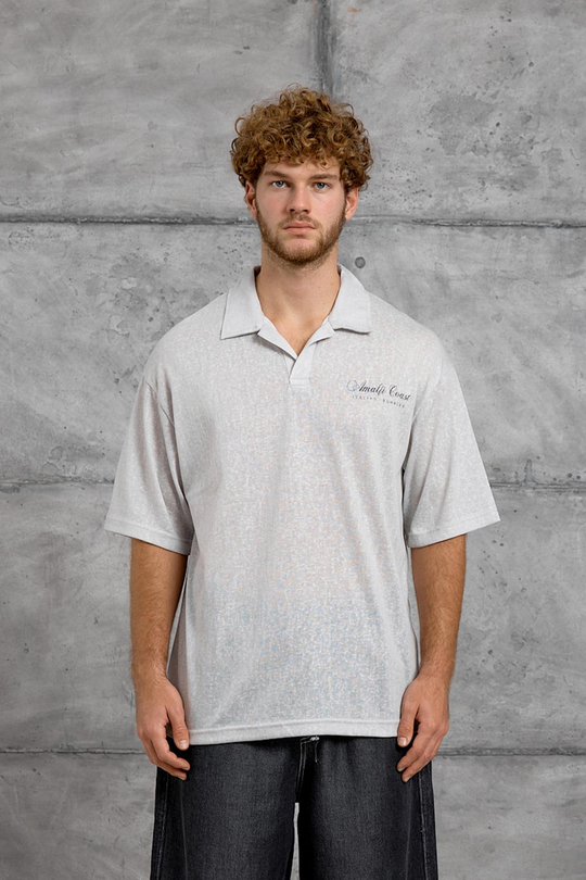 Gri FLAMLI KUMAŞ OVERSIZ POLO YAKA TSHIRT