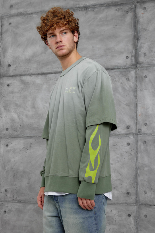 Yeşil KOLU ALEV BASKILI OVERSİZE SWEATSHIRT