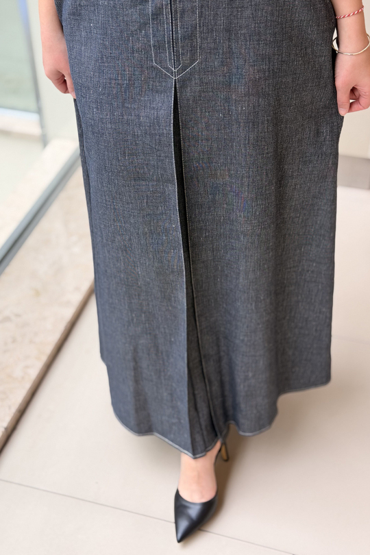 Ceremony Önü Plikaşeli Denim Keten Etek