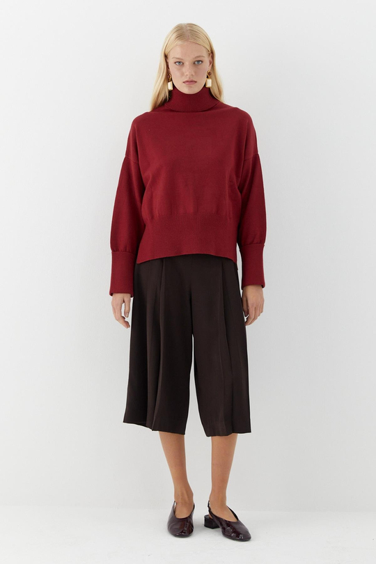 Balıkçı Yaka Oversize Triko Kazak Bordo