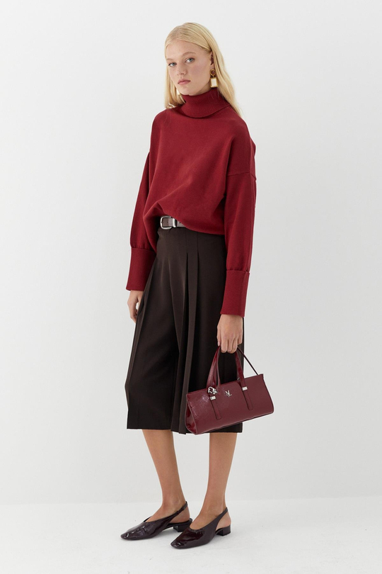 Balıkçı Yaka Oversize Triko Kazak Bordo