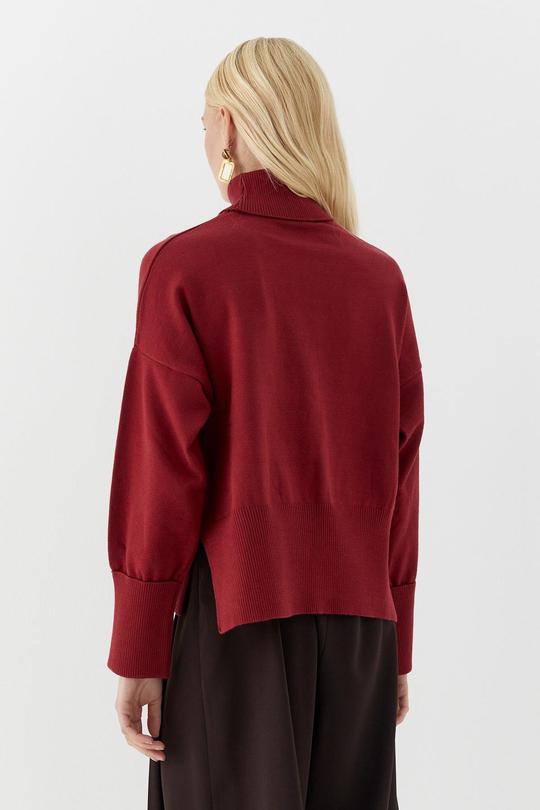 Balıkçı Yaka Oversize Triko Kazak Bordo