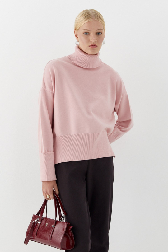 Balıkçı Yaka Oversize Triko Kazak Pembe