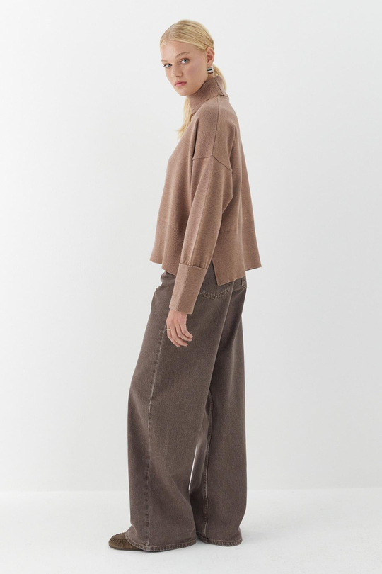 Balıkçı Yaka Oversize Triko Kazak Vizon