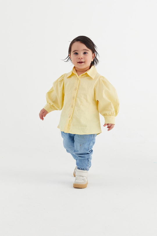 Balon Kol Çocuk Poplin Gömlek Limon Sarısı