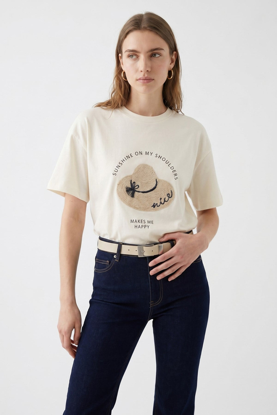 Baskı Ve Nakış Detaylı T-Shirt Ekru