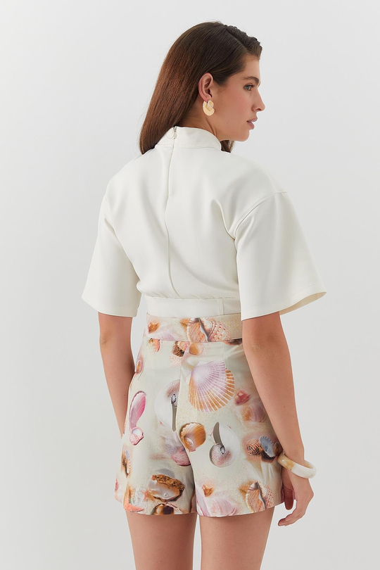 Cepli Desenli Şort Bej