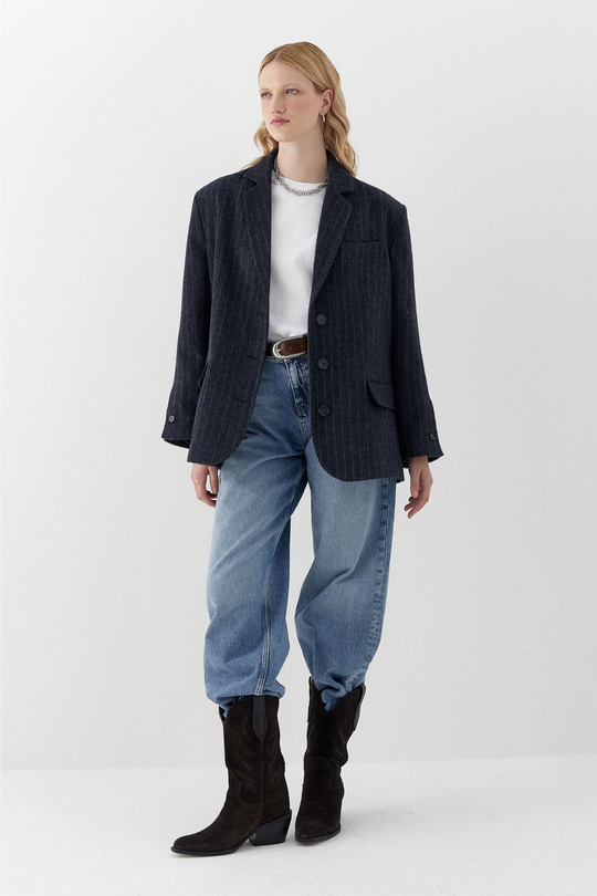 Çizgili Kaşe Blazer Lacivert