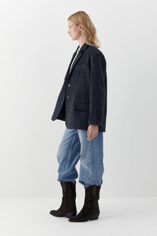 Çizgili Kaşe Blazer Lacivert