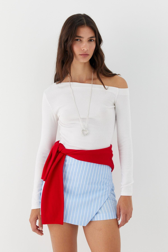 Çizgili Mini Şort Etek Açık Mavi