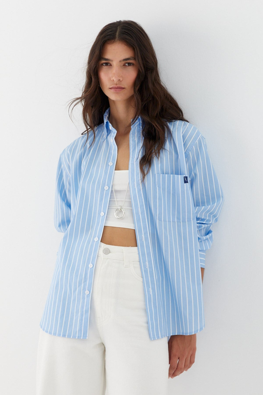 Çizgili Oversize Poplin Gömlek Açık Mavi