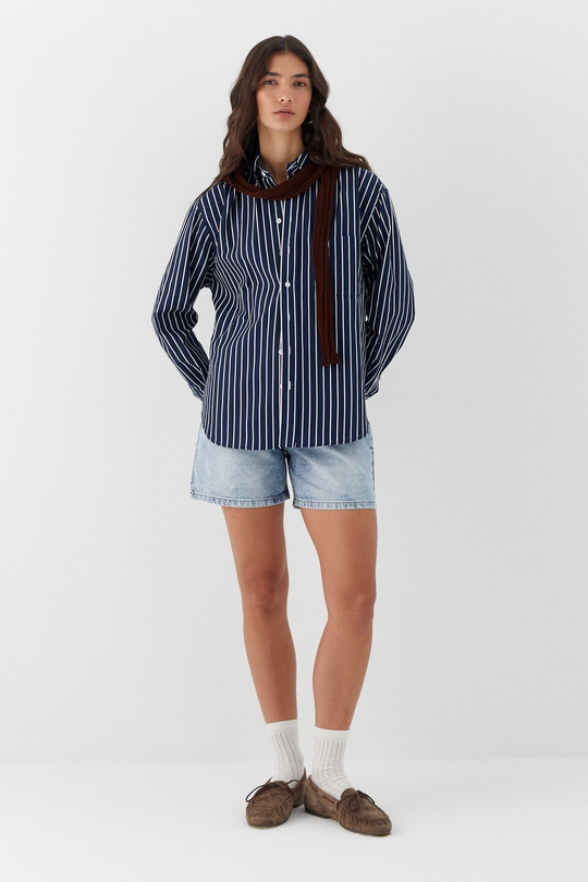 Çizgili Oversize Poplin Gömlek Lacivert