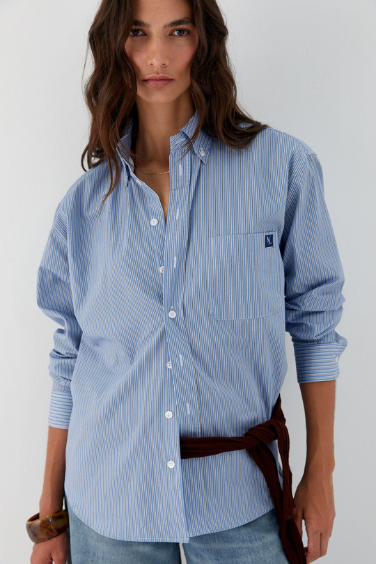 Çizgili Oversize Poplin Gömlek Mavi