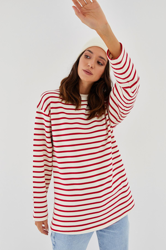 Çizgili Oversize Sweatshirt Bordo