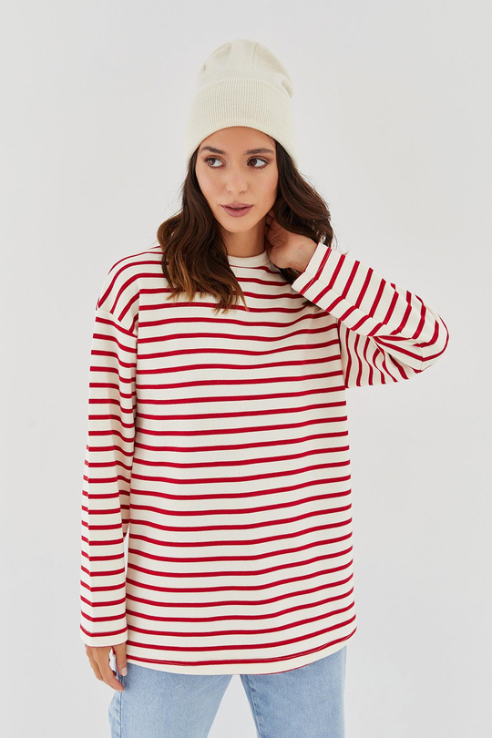 Çizgili Oversize Sweatshirt Bordo