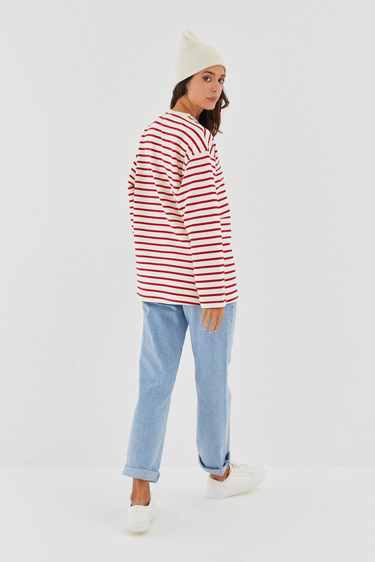 Çizgili Oversize Sweatshirt Bordo
