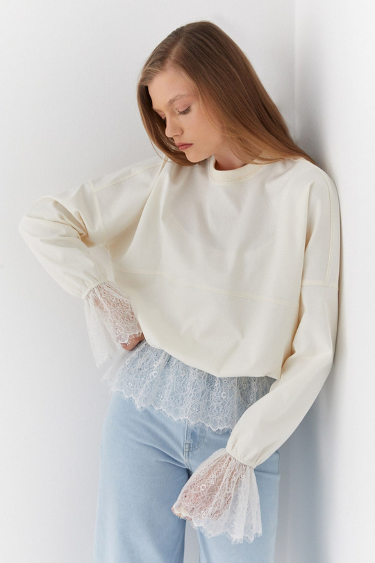Dantelli Oversize İnterlok Sweatshirt Ekru