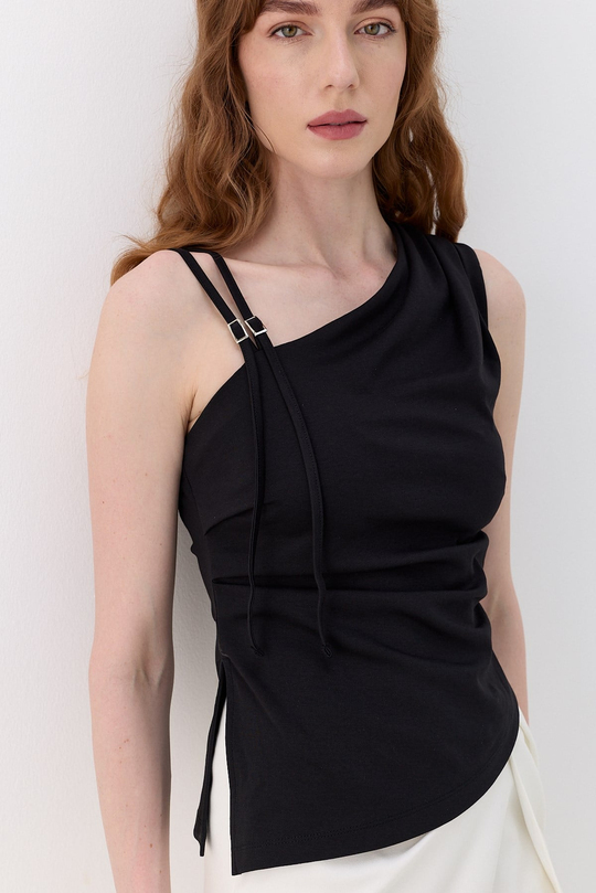 Drapeli Tek Omuz İnterlok Bluz Siyah